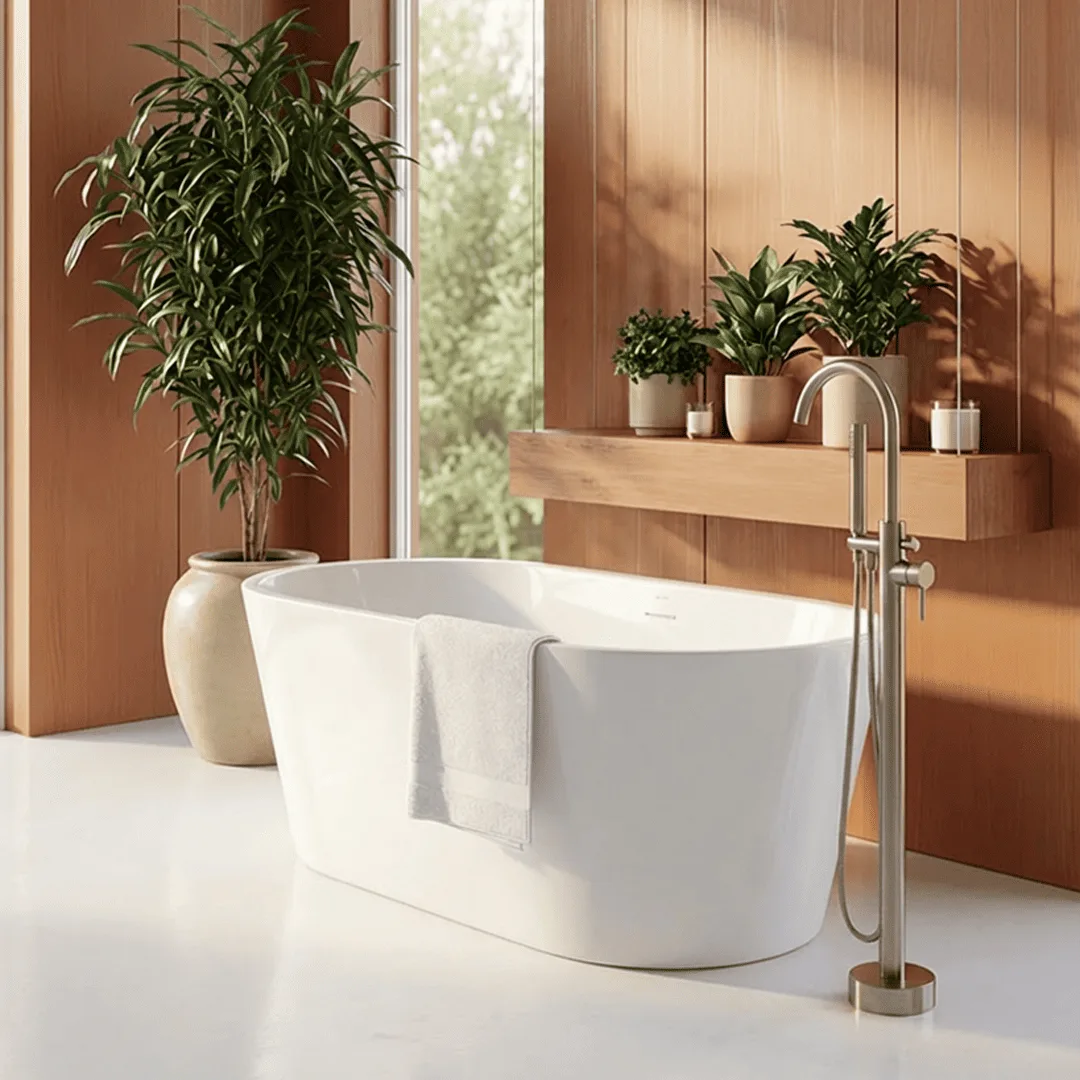 Banheira Gamboa Immersi com parede terracota e plantas