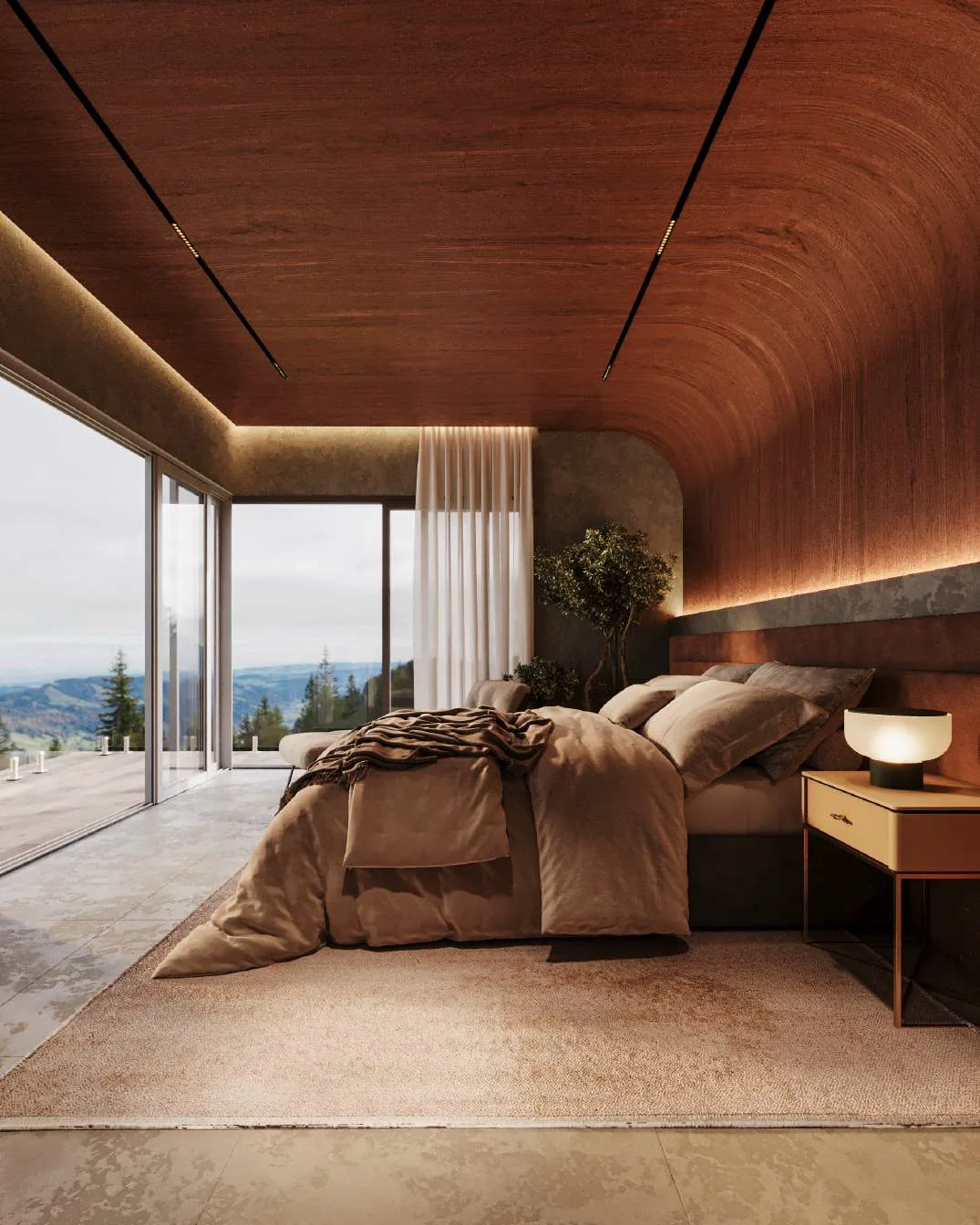 Quarto com teto revestido em réguas vinílicas amadeiradas
